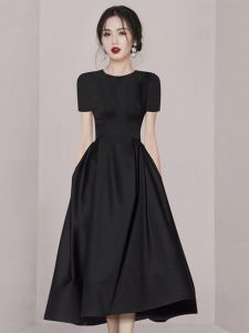 Elegant A-Line Midi Dress Slimming French Style Summer Fashion High Waist Short Sleeve Pure Color Commute round Neck Dress