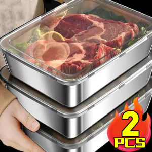 2Pcs Stainless Steel Food Storage Container Rectangle Dish with Cover Noodles Fruit Tray Lunch Box Thick Refrigerator Organizer Plate