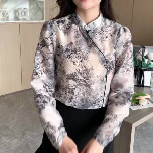 AMMIN 2025 Spring and Autumn New Jiangnan Ink Painting Printing Chinese Style Stand Collar Commuter Delicate Three-Dimensional Printing Chiffon Shirt Womens New Chinese R Buckle Design Long Sleeve Elegant Blouse
