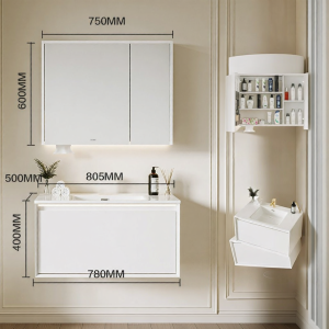 SSWW | French Cream Bath Cabinet with Mirror Seamless Solid Rock Panel
