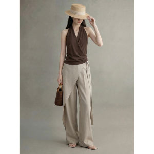 GULILI | Classic Style V-Neck Halter Crossed Shirt Wide Leg Pants Summer Set