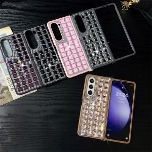 Case for Samsung Galaxy Z Fold6 Z Fold5 Z Fold4 Z Fold3 Luxury Checkered Rhinestone Folding Screen Protective Case Skin Feel Soft Frame Anti-fingerprint Anti-drop Shockproof Flip Cover Phone Case
