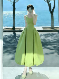 LIRUSHAN | Spring Seaside Resort Style Green Halter Waist Cinching Floral Dress