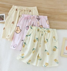 Summer Thin Pure Cotton Flannel Sleepwear Shorts Womens Three-Quarter Length Home Pants Full Cotton Cartoon Cute Breathable Soft Pocket