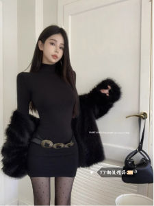 ชุดเดรสสีดำคอตั้งครึ่งตัวสำหรับผู้หญิง ชุดชั้นในเซ็กซี่ฤดูหนาว กระโปรงสั้นเข้ารูปเข้ารูป เอวสูง แขนยาว ทรงเข้ารูป