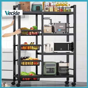 Veckle 3/4/5 Layers Kitchen Rack Organizer Rust-proof Kitchen Storage Shelf with Wheels Microwave Oven Rack