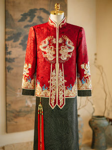 Red Chinese Style Wedding Dress for Men Dragon And Phoenix Pattern Embroidery Long Sleeve Retro Style Groomsmen Ceremony Clothes