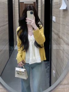 YUEZHONGWEI | Energetic Yellow Cutout Knitted Cardigan Autumn New Style Loose Fit