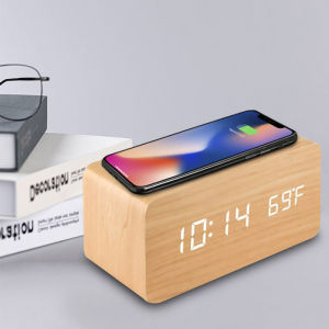 Wooden Digital Alarm Clock with Wireless Charging LED Clock with Time DateTemperature Desk Clocks for OfficeBedside Clock