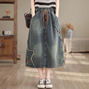Retro Mid-Length Embroidered Denim Skirt Loose Fit Over-Knee Hem Casual Slimming High Waist A-Line Skirt Spring Autumn