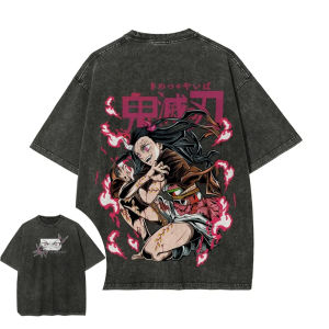 Bandai | Demon Slayer Mens and Womens Washed T-Shirt Nezuko Kamado Summer Spring Anime Tee Retro Distressed High Quality Short Sleeve