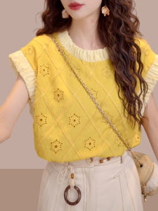 Shalldoer | Retro Style Yellow Round Collar Lace Hollow Fly Sleeve Patchwork Contrast Shirt