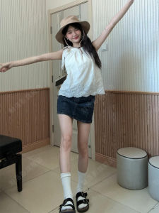 French Design Hollow out Embroidery Womens Summer New Loose Versatile Shoulder Bared Sleeveless Top Neck Hanging Vest