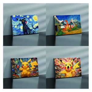 Van Gogh Museum Pokemon Anime Figures Pikachu Painting Canvas Posters and Prints Wall Art Picture for Gifts