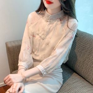 Romantic French Vintage Shirt Womens Gentle Half-High Collar Seven-Sleeve Button-Down Elegant Soft Cotton Silk Blouse