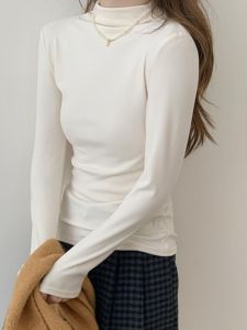 เสื้อเชิ้ตคอสูงครึ่งตัวผู้หญิง ทรงสลิมฟิต แขนยาว ผ้าขนแกะ เสื้อชั้นในสีน้ำเงินอ่อน เสื้อเชิ้ตผู้หญิงสไตล์เกาหลี