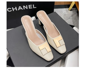 True Cowhide High Heel Slip-On Sandals Womens Summer New Style Comfortable Chunky Heel Lazy One-Touch Head Cover Casual Shoes