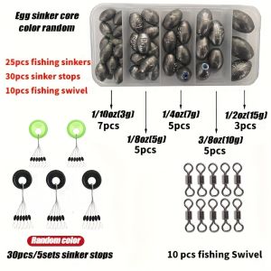 25pcs Egg Sinkers Set With Box Oval Lead Sinker For Saltwater Freshwater 30pcs Bobber Sinker Stops 10pcs Fishing Swivels