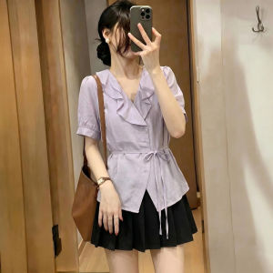 Slimming Tie Waist Blouse Short Sleeve V-Neck Shirt