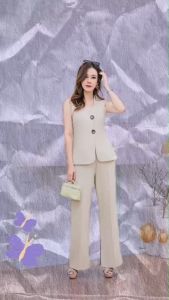 TW22236 Set 2 ชิ้น #สาวอวบ เสื้อแขนกุด คอวี + กางเกงขายาว ..