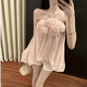 GUZILIAN | Áo ba lỗ không tay lưới hoa phong cách Thái thời trang mùa hè cho nữ Áo hở vai một từ cổ áo hở eo ngắn gợi cảm thường ngày