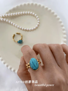Original after Green Turquoise Oval Pigeons Egg Gem Open Ring New Chinese Style Retro Blue Turquoise Finger Ring Fashion Jewelry