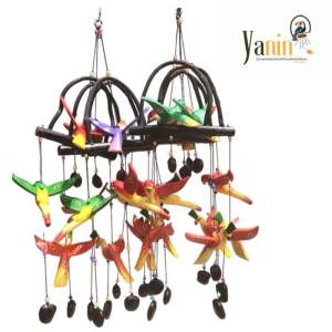 โมบายแขวน นกเกาะ กรงไม้3ตัว(พร้อมหางขนไก่)พร้อมส่ง