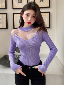 เสื้อสเวตเตอร์ถักคอปกสูงแบบครึ่งตัวสำหรับผู้หญิง ฤดูใบไม้ผลิ 2025 เสื้อชั้นในเนื้อหนา ทรงเข้ารูป สไตล์เกาหลี แขนยาว ปกติ