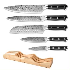 มีดครัว ลายดามัสกัส สแตนเลสเกรด 50CR13 เหล็กแข็ง คมนาน ด้ามจับสีแดงนุ่มมือ ไม่ลื่น