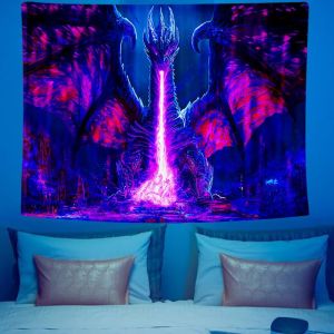VIKAMA Blacklight Dragon Tapestry UV Reactive Neon Xanh Tím Lửa Thở Tưởng Tượng Treo Tường Nghệ Thuật Để Trang Trí Ký Túc Xá