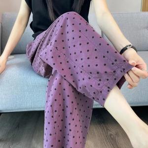 กางเกงฮาเร็มลายจุดสำหรับผู้หญิง ทรงหลวม ระบายอากาศได้ดี ทรงเอวสูง สไตล์ลำลอง กางเกงขายาวทรงหลวม ผ้าฝ้ายผสมโพลีเอสเตอร์