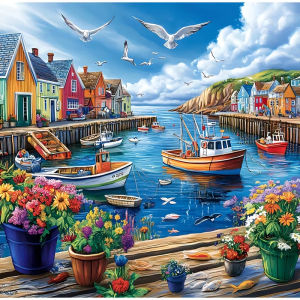 500/1024PCS Coast Art Puzzle - Vivid beachfront view with colorful houses and boats perfect for nature love