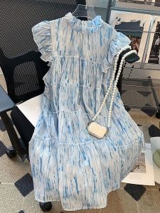 Váy Chữ a Màu Xanh Lam in Họa Tiết Mùa Hè Váy Chữ a Tay Lỡ Nhuộm Màu Váy Ngắn Mềm Mại Thanh Lịch Ngọt Ngào Thon Gọn
