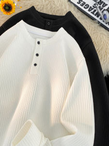 เสื้อยืดคอกลมแขนยาวสีขาวสไตล์อเมริกันย้อนยุคสำหรับผู้ชาย เสื้อเชิ้ตคอกลมแขนยาวแบบลำลองสำหรับฤดูใบไม้ผลิและฤดูร้อน