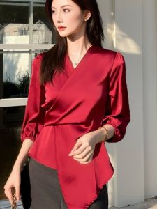 Red Silk Shirt V-neck Tie Waist French Style Womens Top Spring Summer New Arrival Seven Sleeve Regular Length Pure Color
