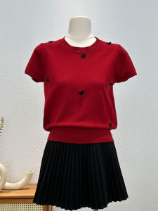Red Knitted Short Sleeve T-Shirt Women Summer Thin Fashionable Youthful Overhead Elegant Shoulder Small Top Korean Style Slim Fit Pure Color