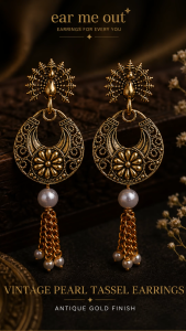 [SG] Vintage Floral Pearl Tassel Earrings | Antique Gold Statement Drop Earrings | Traditional Indian Ethnic Earrings | Peacock Inspired Jewellery | ear me out (EMO-96)