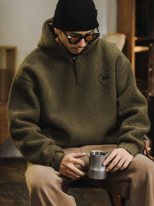 Autumn Winter Mens Thickened Fleece Hoodie Casual Lamb Velvet Sweatshirt Zipper Decoration Side Pocket Loose Fit Teenager