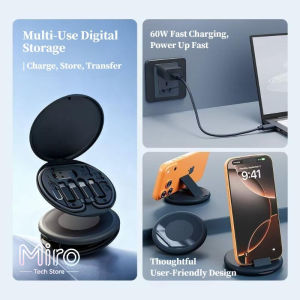 Miro 4-in-1 Multi Port Fast Charging Kit 60W Type C Cable Adapter Set with Phone Stand SIM Card Slot & SIM Eject Pin Portable Universal Travel Charger Organizer for iPhone Android Laptop Digital Gadget Case for Office School Travel