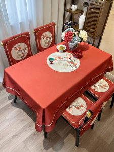Bàn Tròn Hình Chữ Nhật Màu Đỏ Bằng Vải Lanh Cotton Họa Tiết Hoa Mận Bảo Vệ Ghế Chăn Bọc Ghế Đệm Bàn Trà