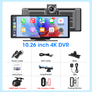Jansite 5GHz WiFi Dash Cam 4K+1080P Carplay Android Auto 10.26" Screen GPS Navigation Car DVR Night Vision 24H Parking Monitor