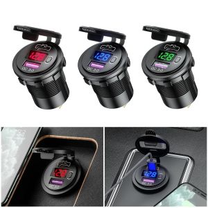 Dual USB C Car Charger Socket PD3.0 QC3.0 with LED Voltmeter And On/Off Switch 12V 24V Fast Charging Port