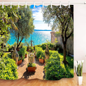 Courtyard Scenery Shower Curtains Landscape Ocean Bathroom Curtain Waterproof Cloth Decoration Mold Resistant Bath Curtain