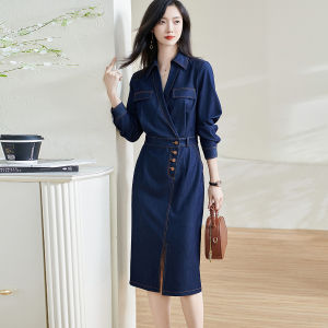 Misoshine | Retro Deep Color Waist Cinching Slit Spring Dress