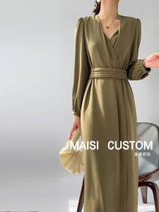 Elegant V-neck Midi Dress Womens Spring Fashion High Waist Slimming Belted A-line Skirt Korean Style Long Sleeve Pure Color