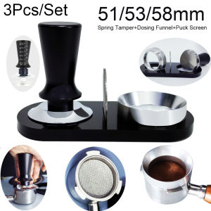 3Pcs 51/53/58mm Espresso Tamper Coffee Dosing Funnel Puck Screen with Stand Spring Calibrated Tampers Dosing Ring