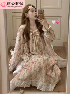 Princess Style Sleep Dress Coral Fleece Winter Thickened Plush Autumn Winter Patterned Nightgown Home Clothes Sweet Style