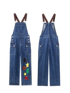 Womens Summer Thin Denim Overalls High Waist Wide Leg Floor Length American Retro Design Embroidered Towel Strap Pants