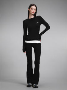 Ang3l American Style Spicy Girl Sports Pants Black White Splice Casual Long Pants Flip Waist Micro Flared Tight Womens Pants