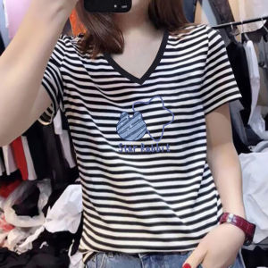 YOUROUPING | Short Sleeve V-Neck Striped Print T-Shirt Women Trendy